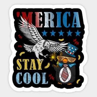 Merica Funny Eagle and Penguin with Fireworks Stay Cool Sticker